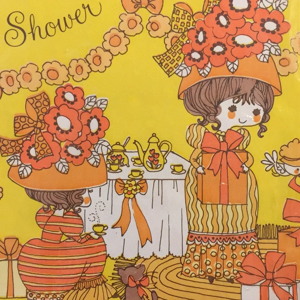 Vintage 1970s Bridal Shower Gift Wrap Paper Tea Party Kitties